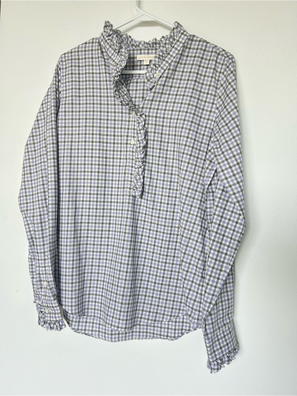 ANN MASHBURN Frill Shirt, Purple and White Plaid Ruffle-Trim Blouse size M NWOT